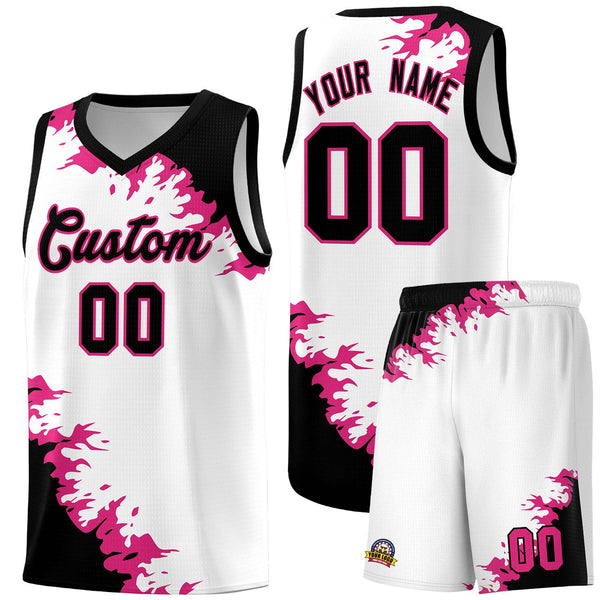 Custom White Black-Rose Red Sparkle Print Pattern Basketball Kits | BuyFootballJersey