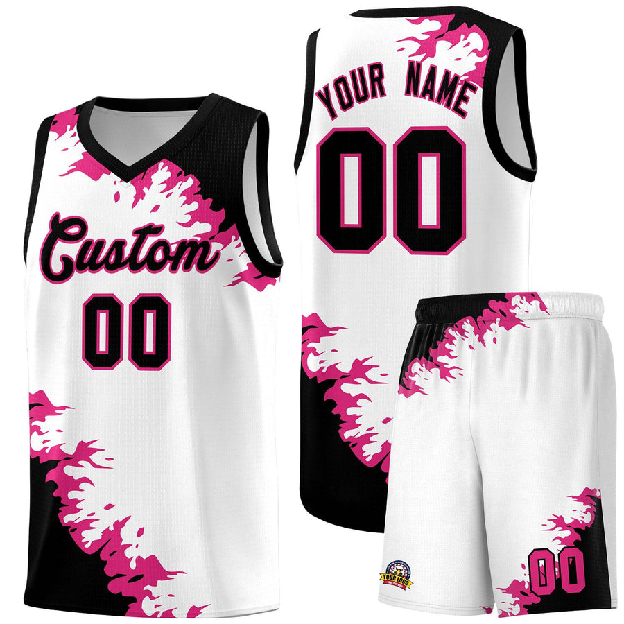 Custom White Black-Rose Red Sparkle Print Pattern Basketball Kits | BuyFootballJersey