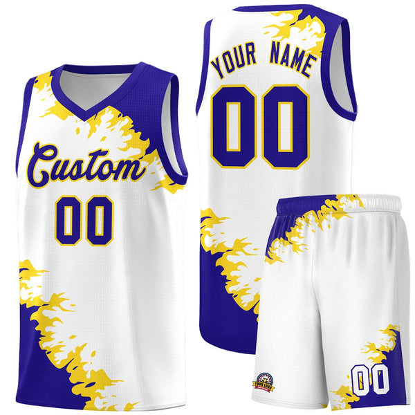 Custom White Royal-Gold Sparkle Print Pattern Basketball Kits | BuyFootballJersey