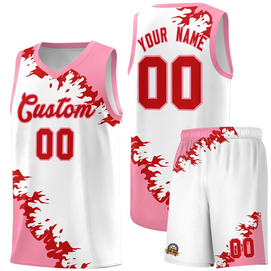 Custom White Light Pink-Red Sparkle Print Pattern Basketball Kits | BuyFootballJersey