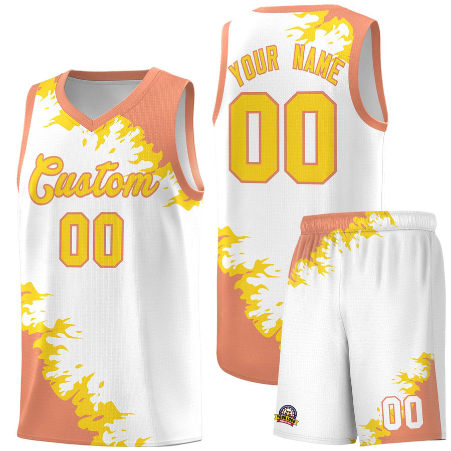Custom White Light Orange-Gold Sparkle Print Pattern Basketball Kits | BuyFootballJersey