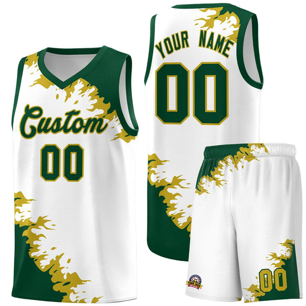 Custom White Green-Old Gold Sparkle Print Pattern Basketball Kits | BuyFootballJersey