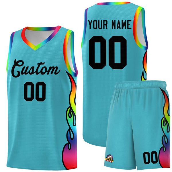 Custom Sky Blue Side Flame Pattern Fashion Sports Uniform Basketball Jersey | BuyFootballJersey