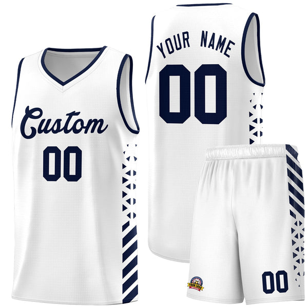 Custom White Navy Side Diamond Shapes Stripes Basketball Jersey | BuyFootballJersey