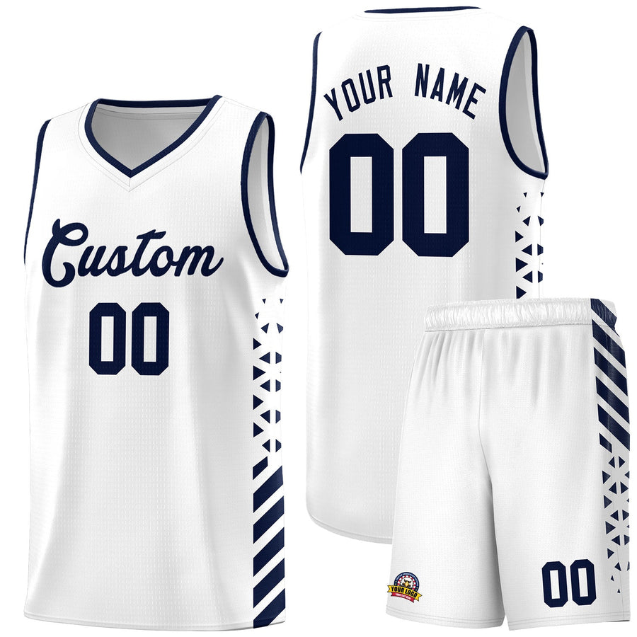 Custom White Navy Side Diamond Shapes Stripes Basketball Jersey | BuyFootballJersey