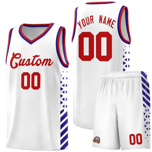 Custom White Royal Blue Red Side Diamond Shapes Stripes Basketball Jersey | BuyFootballJersey