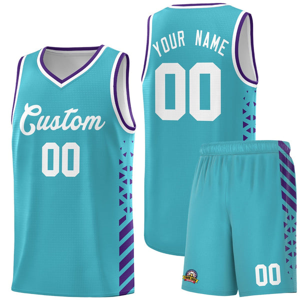 Custom Sky Blue Purple White Side Diamond Shapes Stripes Basketball Jersey | BuyFootballJersey