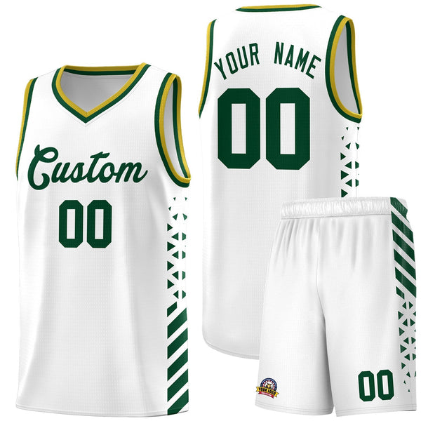 Custom White Hunter Green Old Gold Side Diamond Shapes Stripes Basketball Jersey | BuyFootballJersey