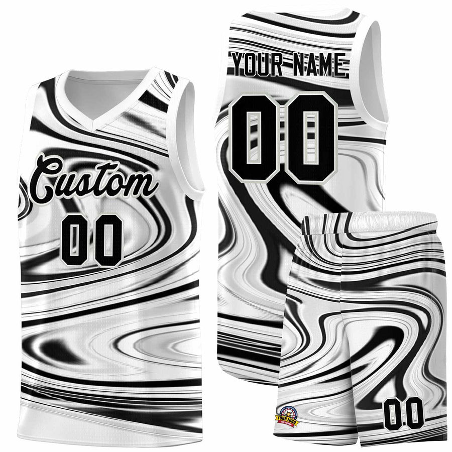 Custom White Black Graffiti Pattern Fluids Style Sports Uniform Basketball Jersey Sets | BuyFootballJersey