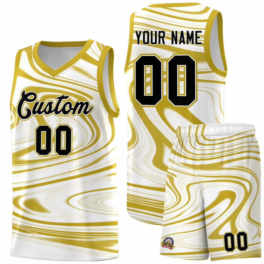 Custom White Old Gold Graffiti Pattern Fluids Style Sports Uniform Basketball Jersey Sets | BuyFootballJersey