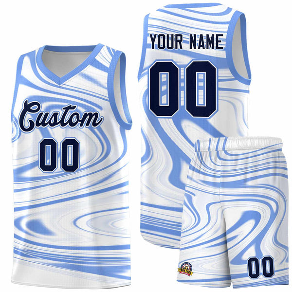 Custom White Light Blue Graffiti Pattern Fluids Style Sports Uniform Basketball Jersey Sets | BuyFootballJersey
