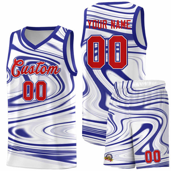 Custom White Royal Graffiti Pattern Fluids Style Sports Uniform Basketball Jersey Sets | BuyFootballJersey