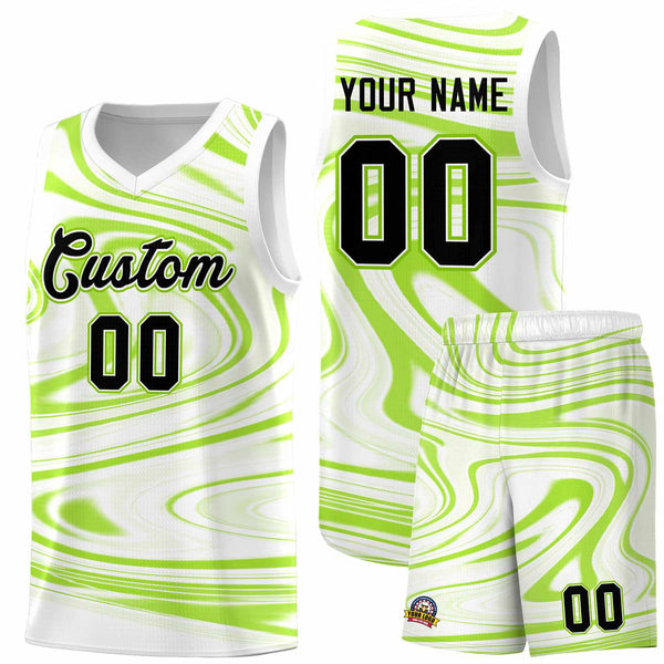 Custom White Light Green Graffiti Pattern Fluids Style Sports Uniform Basketball Jersey Sets | BuyFootballJersey