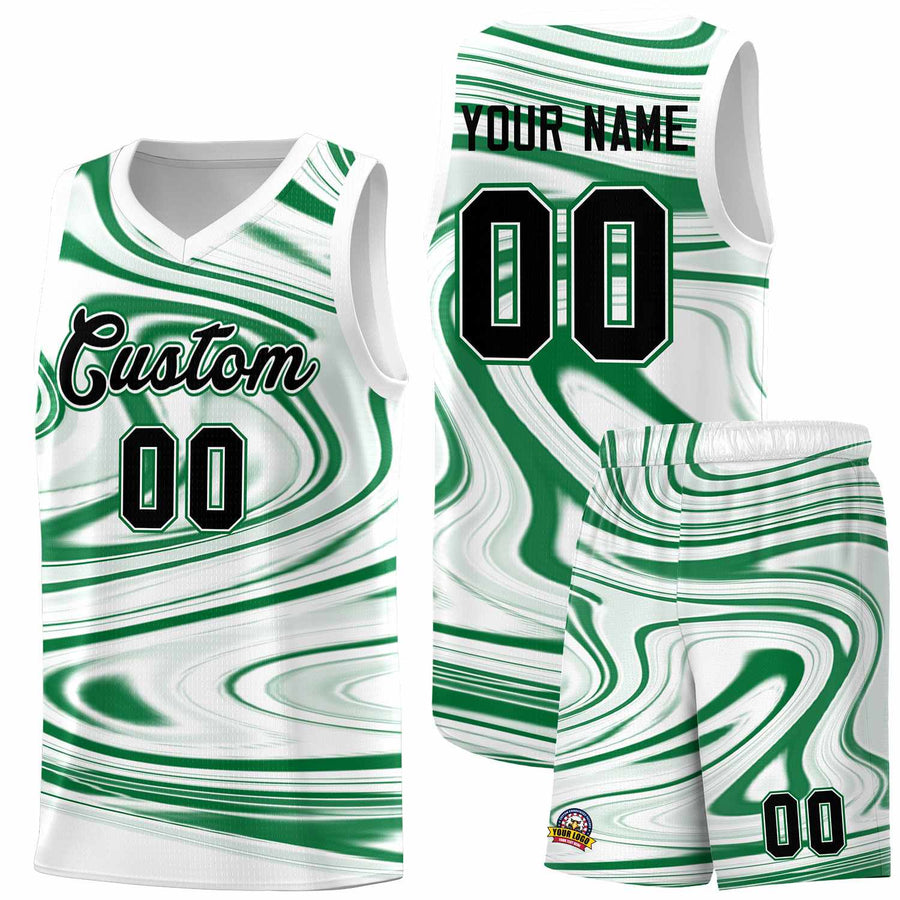 Custom White Kelly Green Graffiti Pattern Fluids Style Sports Uniform Basketball Jersey Sets | BuyFootballJersey