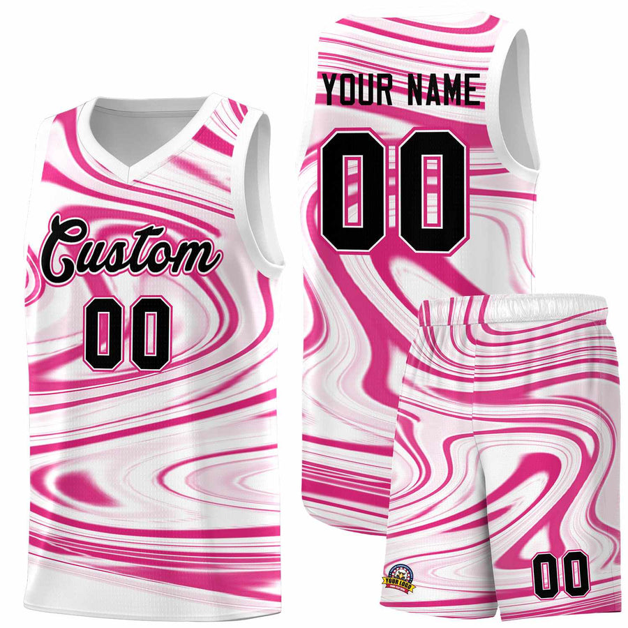 Custom White Pink Graffiti Pattern Fluids Style Sports Uniform Basketball Jersey Sets | BuyFootballJersey