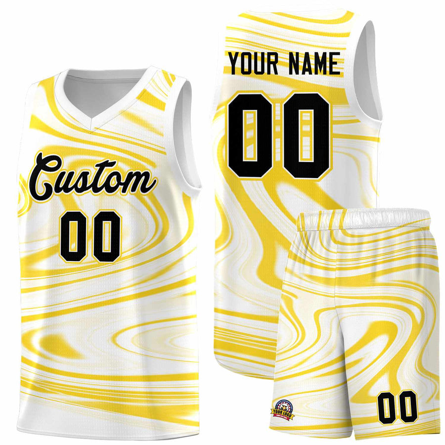 Custom White Gold Graffiti Pattern Fluids Style Sports Uniform Basketball Jersey Sets | BuyFootballJersey