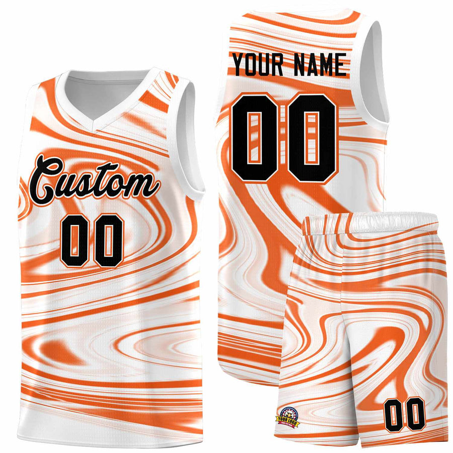 Custom White Orange Graffiti Pattern Fluids Style Sports Uniform Basketball Jersey Sets | BuyFootballJersey