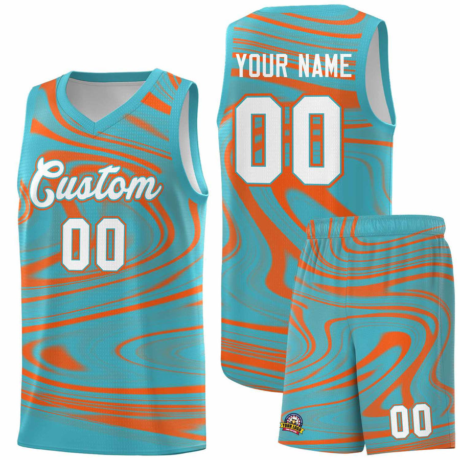 Custom Aqua Orange Graffiti Pattern Fluids Style Sports Uniform Basketball Jersey Sets | BuyFootballJersey