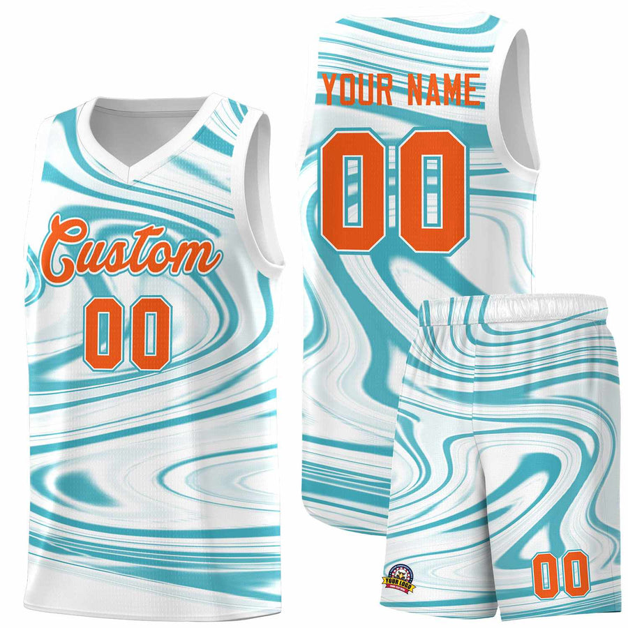 Custom White Aqua Graffiti Pattern Fluids Style Sports Uniform Basketball Jersey Sets | BuyFootballJersey