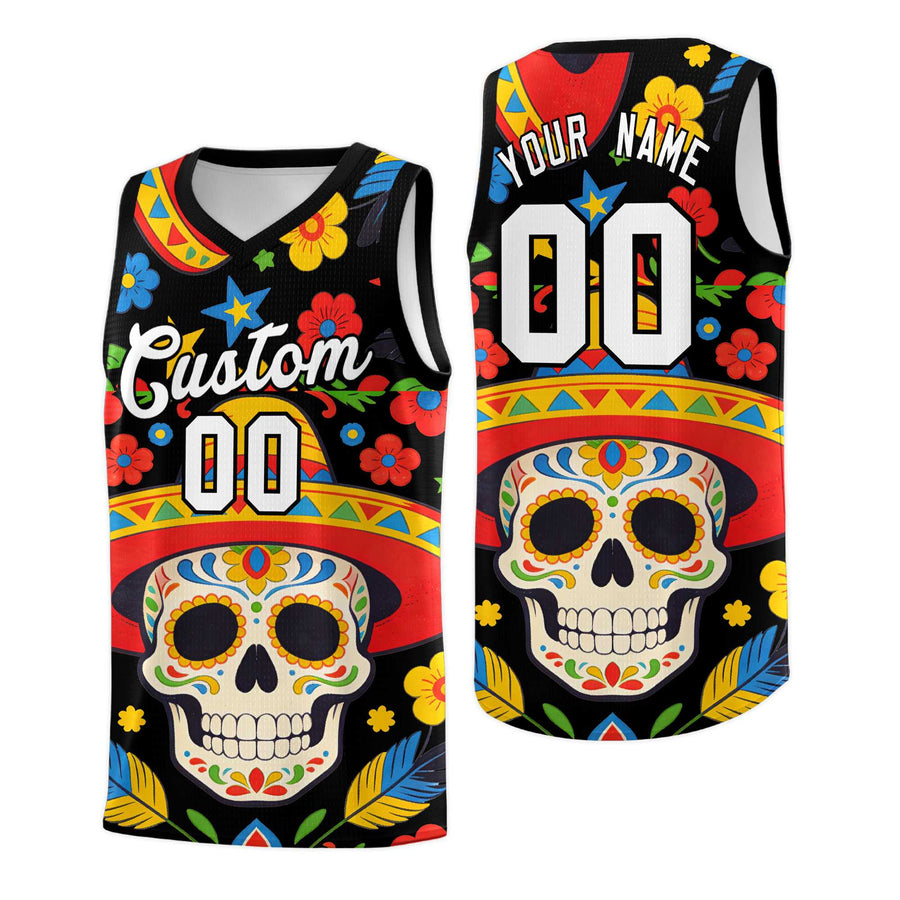 Custom Black Skeleton Mexican Colors Graffiti Patterns Breathable Uniform Basketball Jersey | BuyFootballJersey