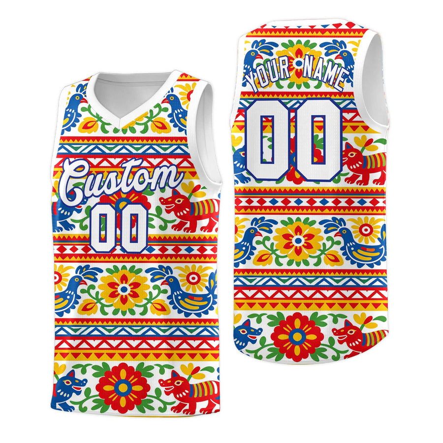 Custom White Colorfulflower pattern Mexican Colors Graffiti Patterns Quick-Drying Uniform Basketball Jersey | BuyFootballJersey
