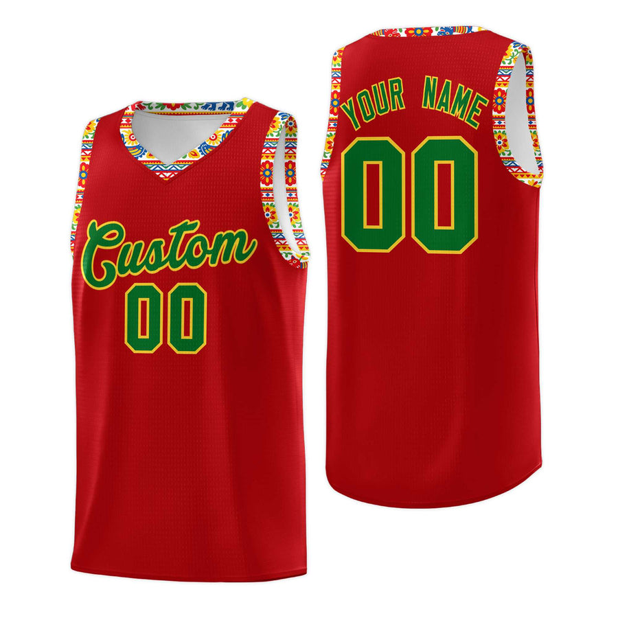 Custom Red Colorfulflower pattern Mexican Colors Graffiti Patterns Drapable Uniform Basketball Jersey | BuyFootballJersey