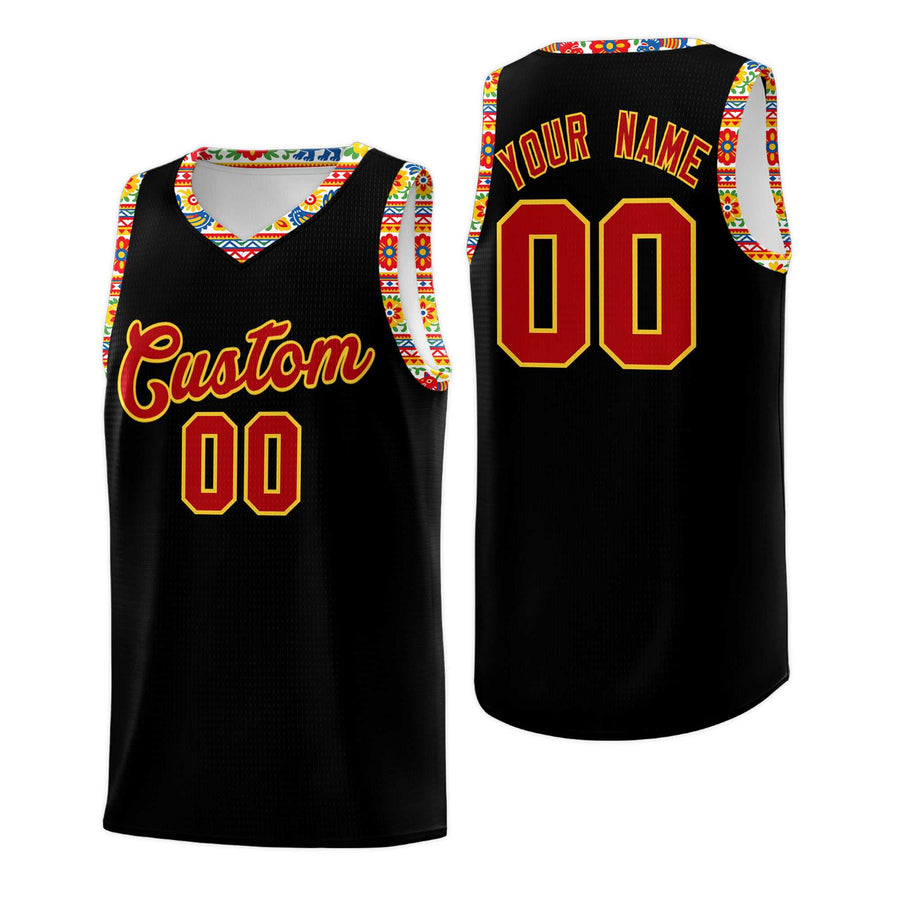 Custom Black Colorfulflower pattern Mexican Colors Graffiti Patterns Sublimation Printing Uniform Basketball Jersey | BuyFootballJersey