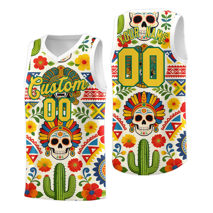 Custom White Skeleton Mexican Colors Graffiti Patterns Sublimation Printing Uniform Basketball Jersey | BuyFootballJersey