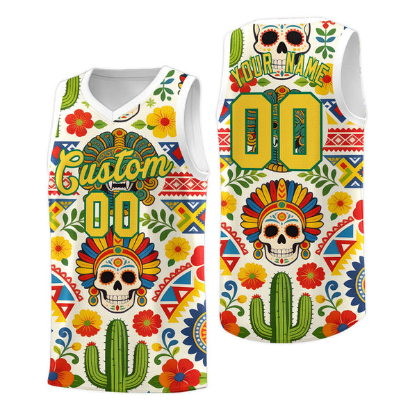 Custom White Skeleton Mexican Colors Graffiti Patterns Sublimation Printing Uniform Basketball Jersey | BuyFootballJersey