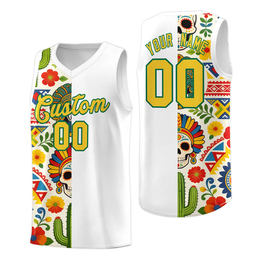 Custom White Skeleton Mexican Colors Graffiti Patterns Breathable Uniform Basketball Jersey | BuyFootballJersey