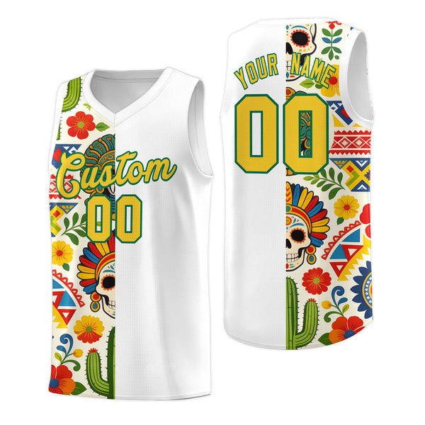 Custom White Skeleton Mexican Colors Graffiti Patterns Breathable Uniform Basketball Jersey | BuyFootballJersey