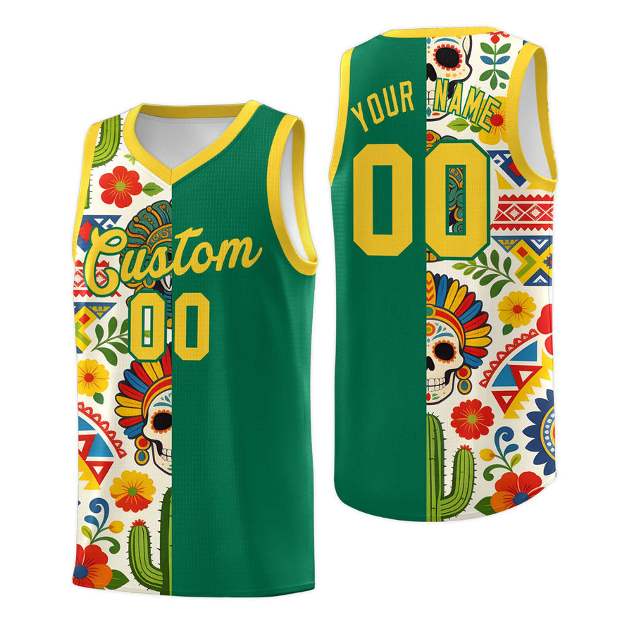 Custom Kelly Green Skeleton Mexican Colors Graffiti Patterns Quick-Drying Uniform Basketball Jersey | BuyFootballJersey