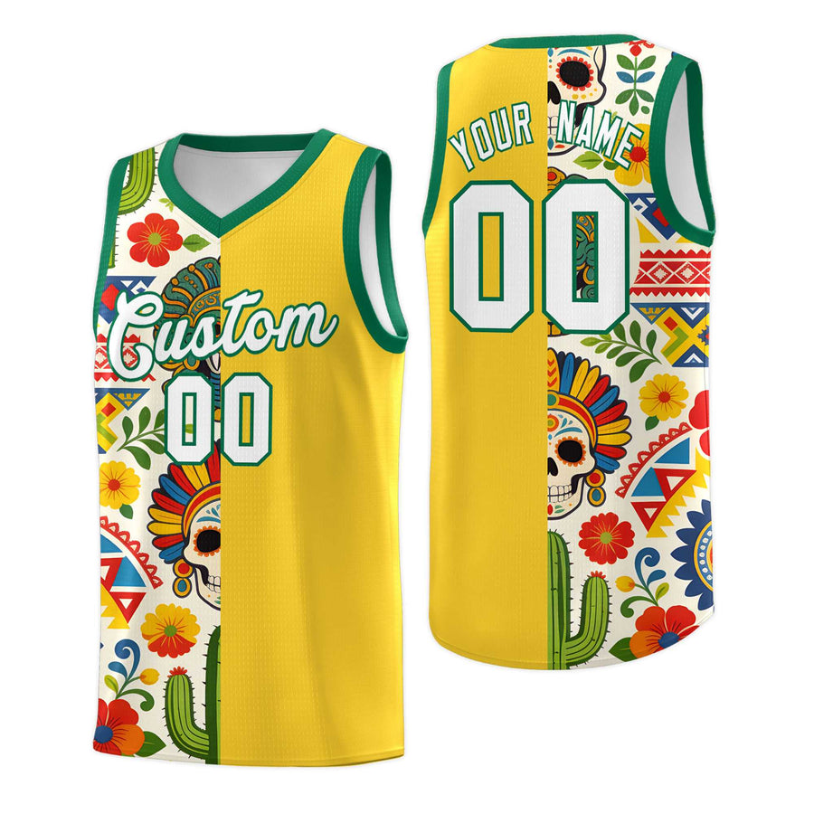 Custom Gold Skeleton Mexican Colors Graffiti Patterns Lightweight Uniform Basketball Jersey | BuyFootballJersey