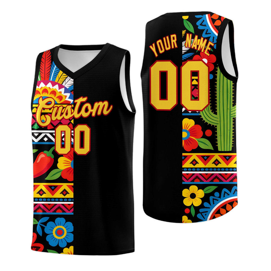 Custom Black Cactus Mexican Colors Graffiti Patterns Drapable Uniform Basketball Jersey | BuyFootballJersey