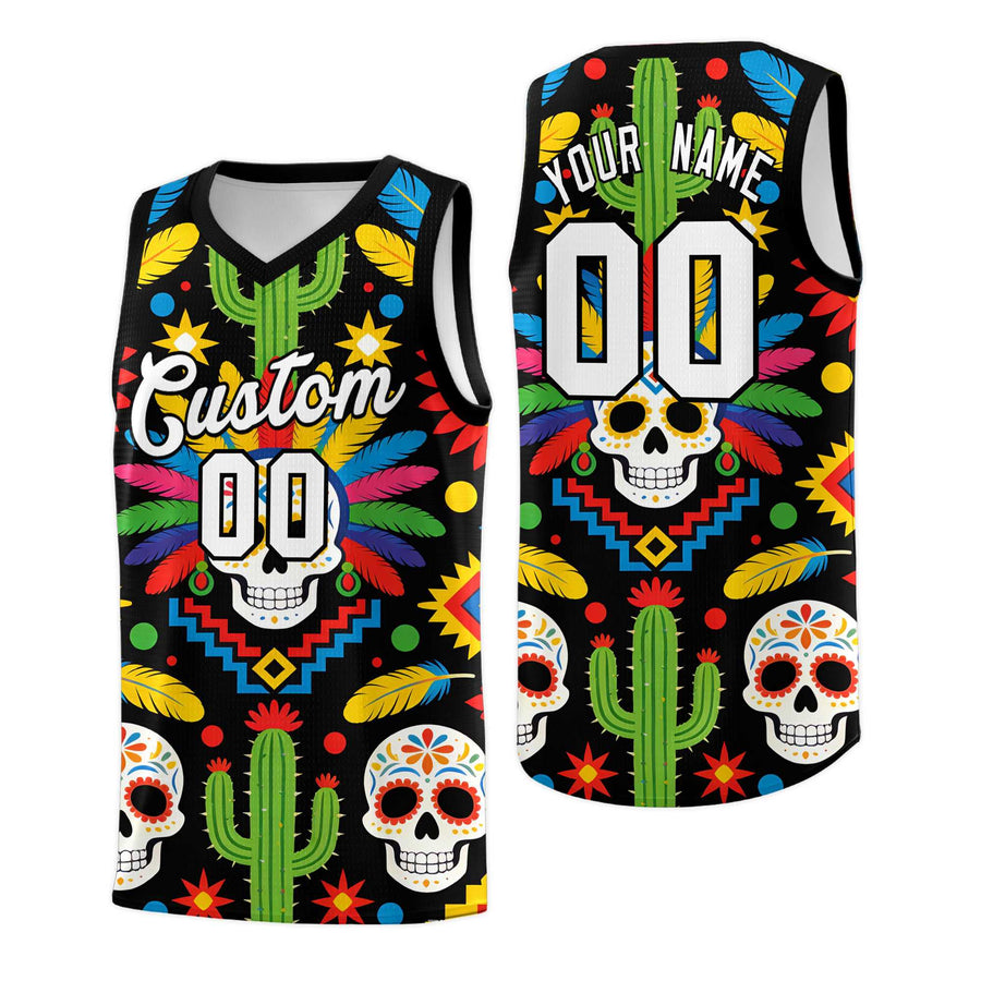 Custom Black Skeleton Mexican Colors Graffiti Patterns Sublimation Printing Uniform Basketball Jersey | BuyFootballJersey
