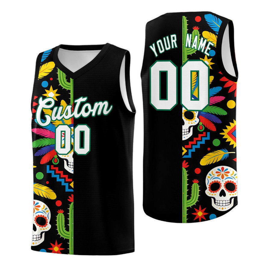 Custom Black Skeleton Mexican Colors Graffiti Patterns Breathable Uniform Basketball Jersey | BuyFootballJersey