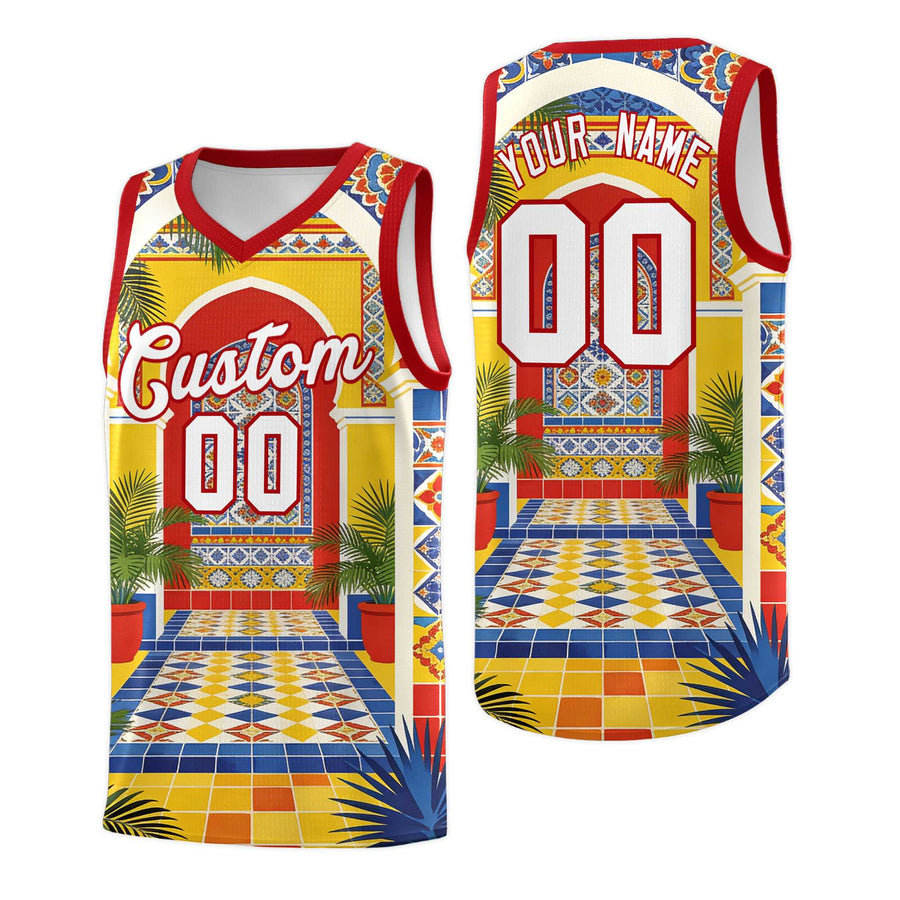 Custom Palace pattern Red Mexican Colors Graffiti Patterns Sublimation Printing Uniform Basketball Jersey | BuyFootballJersey
