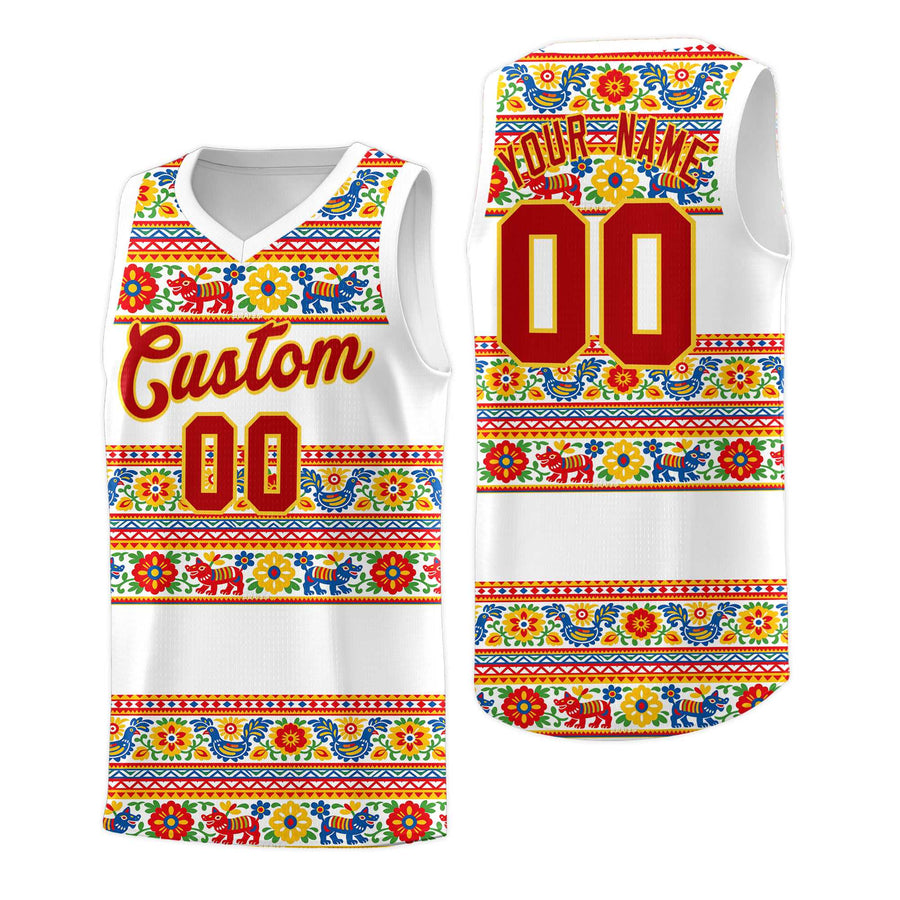 Custom White Colorfulflower pattern Mexican Colors Graffiti Patterns Quick-Drying Uniform Basketball Jersey | BuyFootballJersey