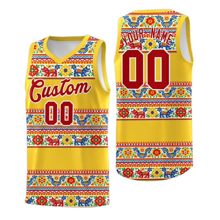 Custom Gold Colorfulflower pattern Mexican Colors Graffiti Patterns Lightweight Uniform Basketball Jersey | BuyFootballJersey