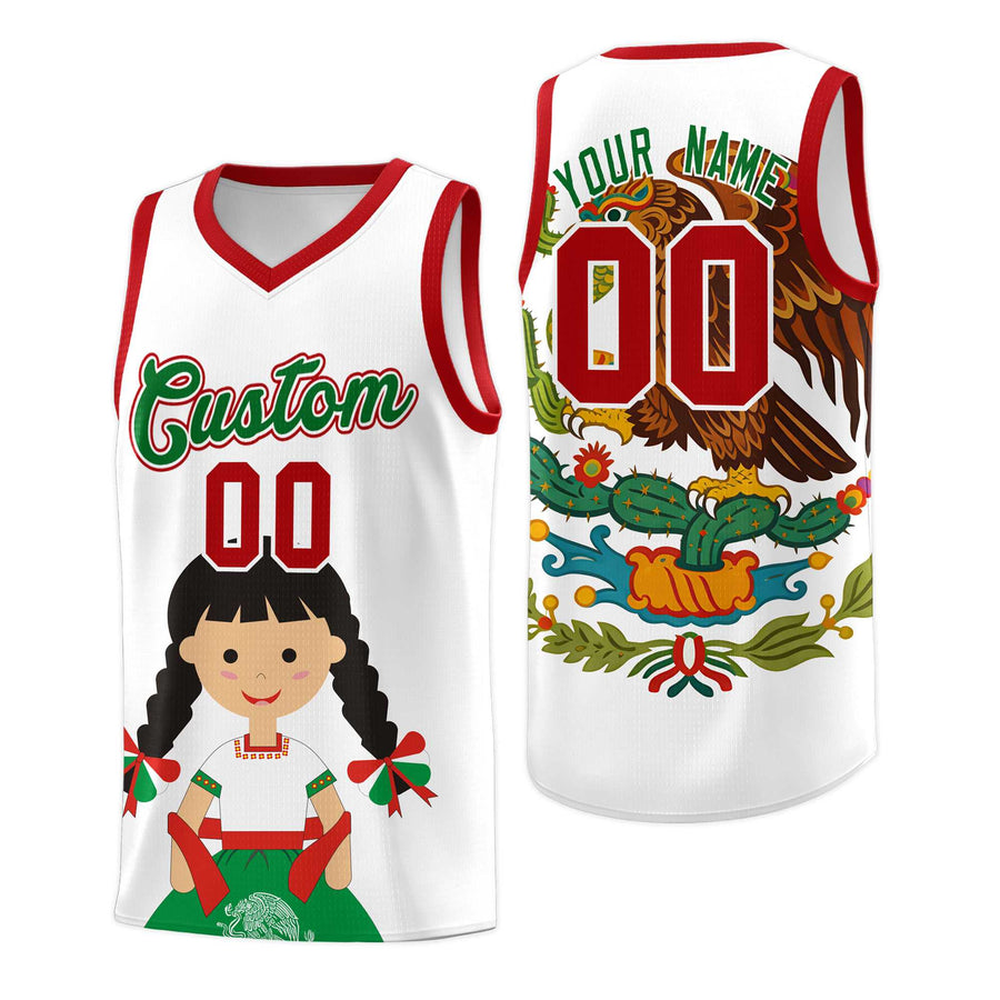 Custom White Red Mexican Colors Graffiti Patterns Sublimation Printing Uniform Basketball Jersey | BuyFootballJersey