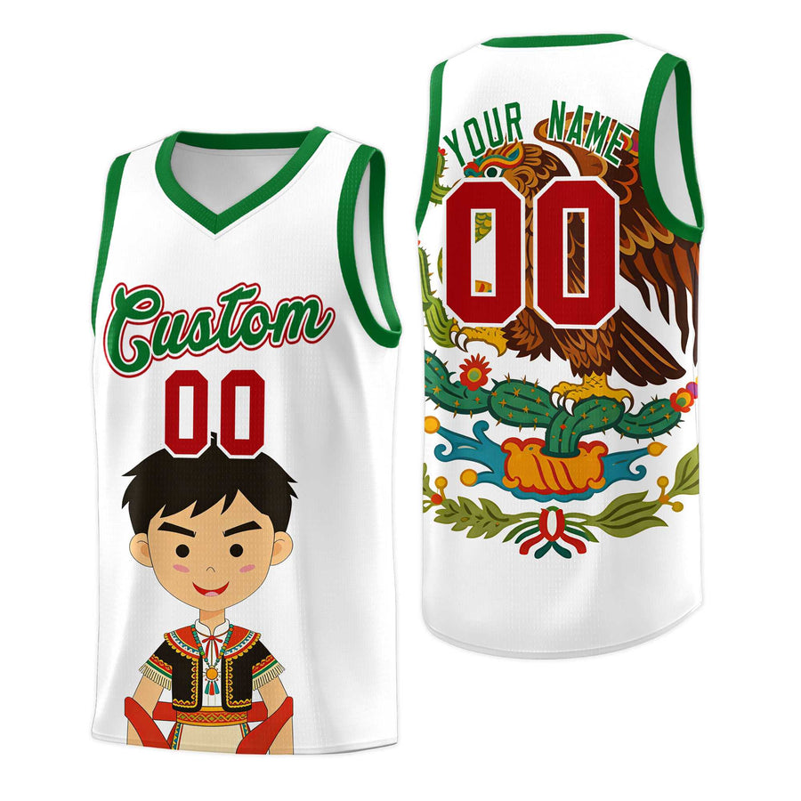 Custom White Kelly Green Mexican Colors Graffiti Patterns Breathable Uniform Basketball Jersey | BuyFootballJersey