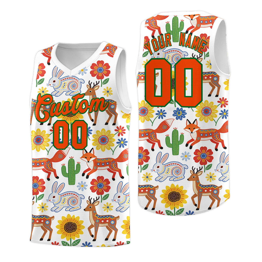 Custom White Chrysanthemum Orange Mexican Colors Graffiti Patterns Quick-Drying Uniform Basketball Jersey | BuyFootballJersey
