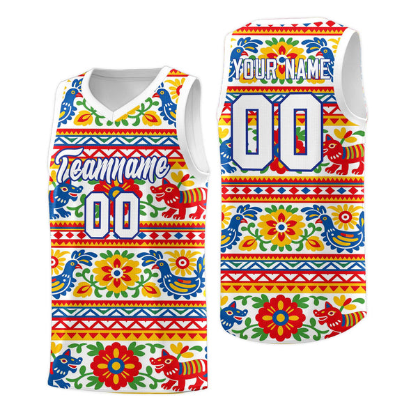 Custom White Colorfulflower pattern Mexican Colors Graffiti Patterns Quick-Drying Uniform Basketball Jersey | BuyFootballJersey