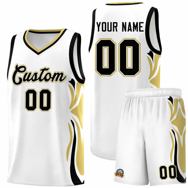 Custom White Black-Old Gold Graffiti Pattern Side Curve Pattern Sports Uniform Basketball Jersey Sets | BuyFootballJersey