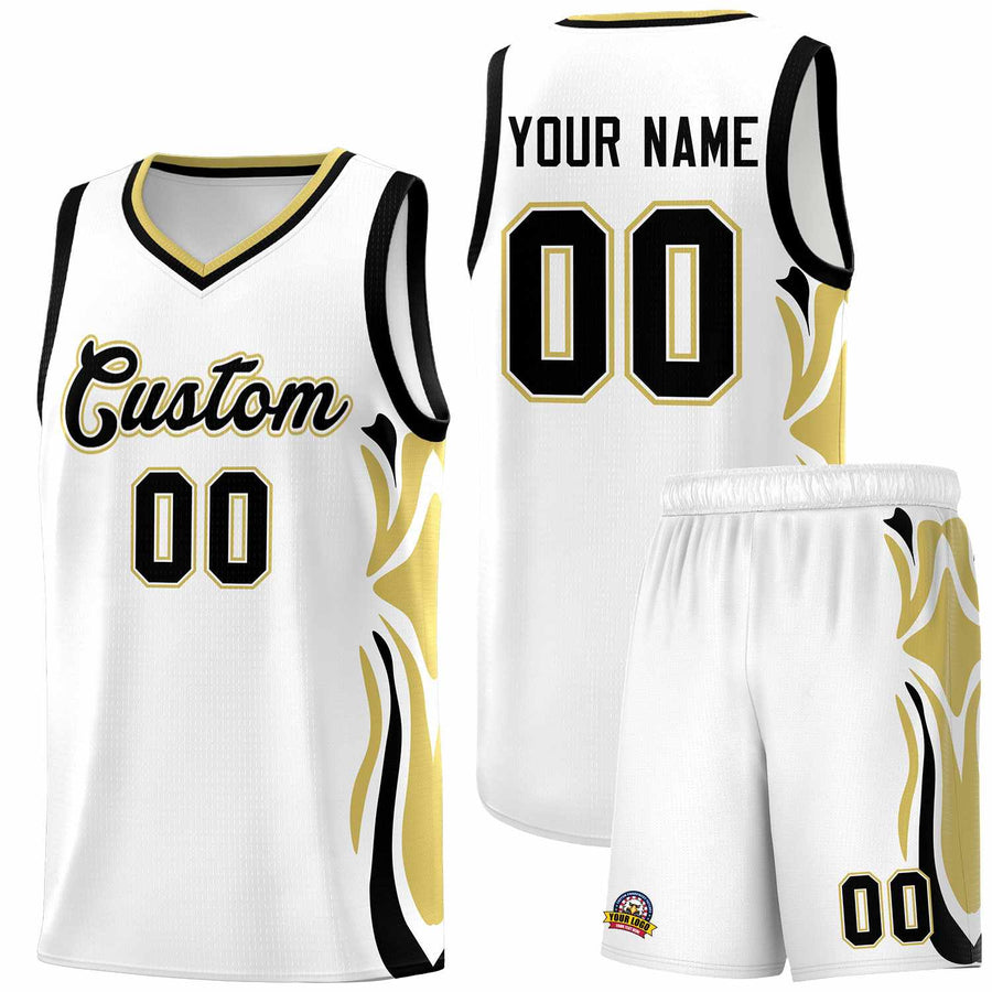 Custom White Black-Old Gold Graffiti Pattern Side Curve Pattern Sports Uniform Basketball Jersey Sets | BuyFootballJersey