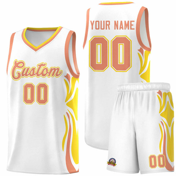 Custom White Light Orange-Gold Graffiti Pattern Side Curve Pattern Sports Uniform Basketball Jersey Sets | BuyFootballJersey