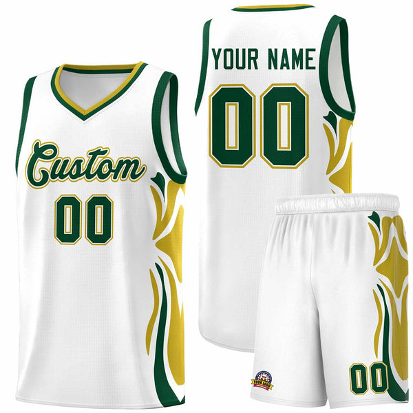Custom White Green-Old Gold Graffiti Pattern Side Curve Pattern Sports Uniform Basketball Jersey Sets | BuyFootballJersey