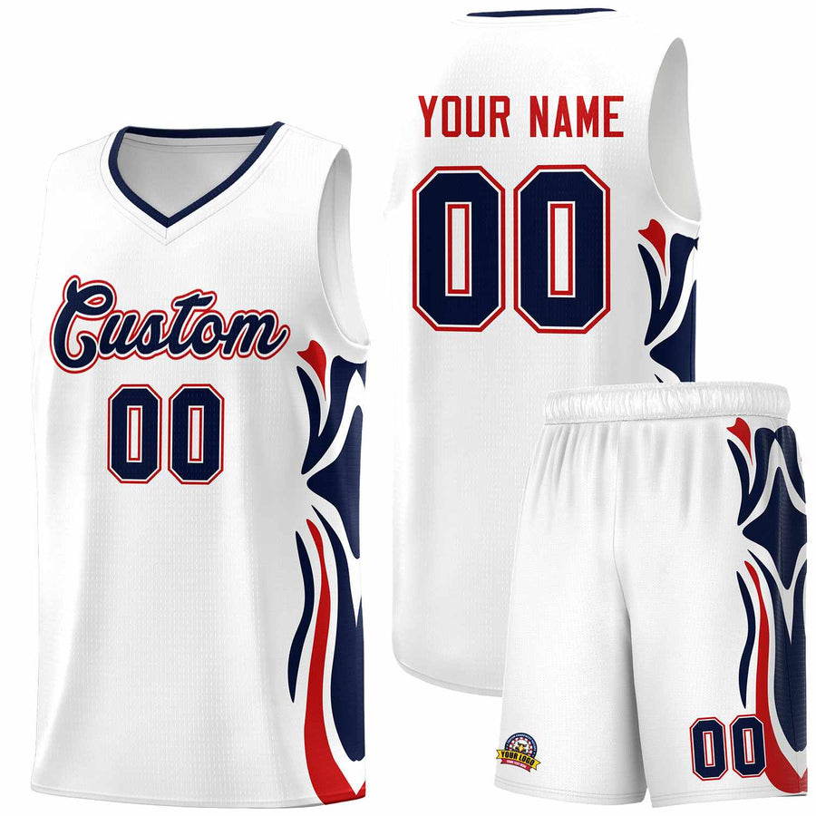 Custom White Navy-Red Graffiti Pattern Side Curve Pattern Sports Uniform Basketball Jersey Sets | BuyFootballJersey