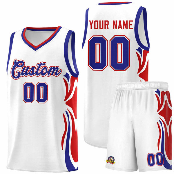 Custom White Royal-Red Graffiti Pattern Side Curve Pattern Sports Uniform Basketball Jersey Sets | BuyFootballJersey
