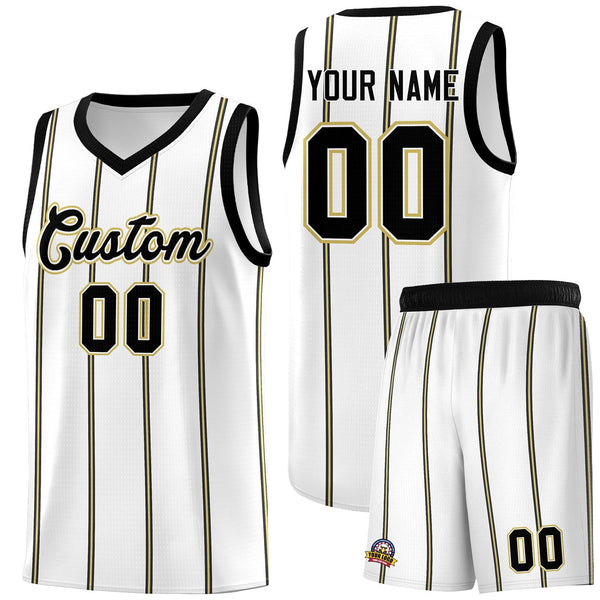 Custom White Black Old Gold Vertical Stripes Single Sided Sets Basketball Jersey | BuyFootballJersey